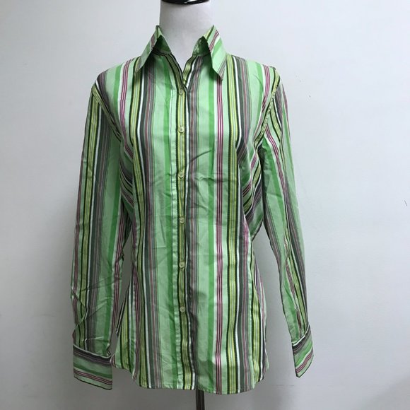 Etro Milano green purple stripes 100% cotton button up shirt i48 - Picture 1 of 9